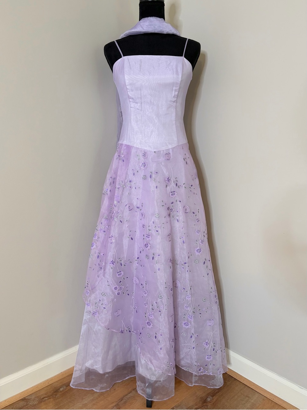 Vintage Lilac Floral Organza Dress with Shawl